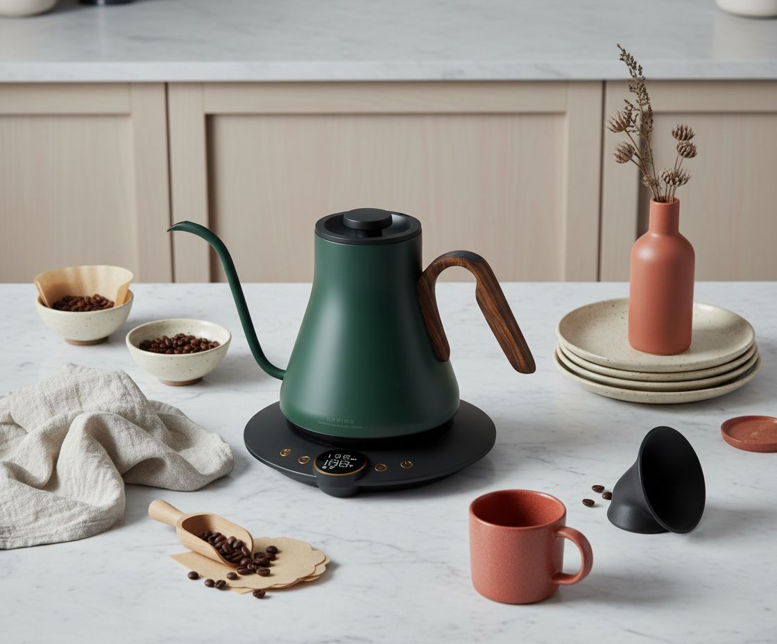 Stainless steel gooseneck electric kettle in Delacroix green with temperature display and ergonomic handle — view 6