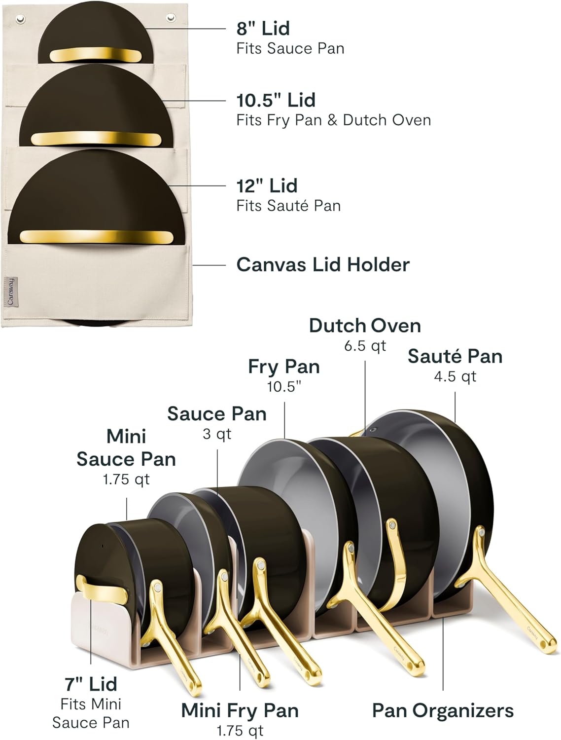 Caraway 24-piece black ceramic nonstick cookware set with fry pans, Dutch oven, and lids displayed on white background — back