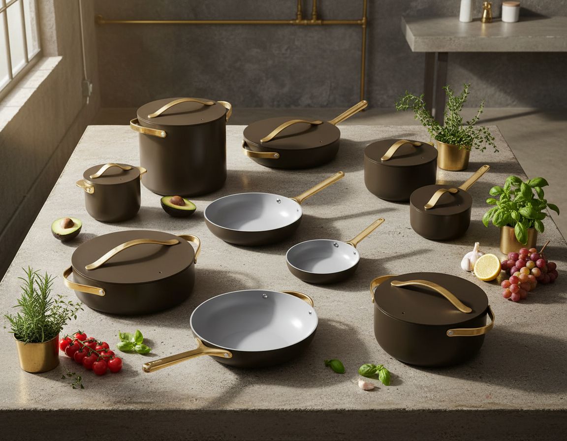 Caraway 24-piece black ceramic nonstick cookware set with fry pans, Dutch oven, and lids displayed on white background — view 7b