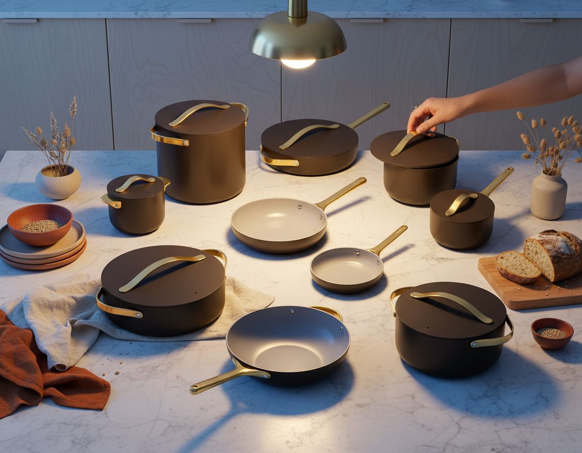 Caraway 24-piece black ceramic nonstick cookware set with fry pans, Dutch oven, and lids displayed on white background — view 7a