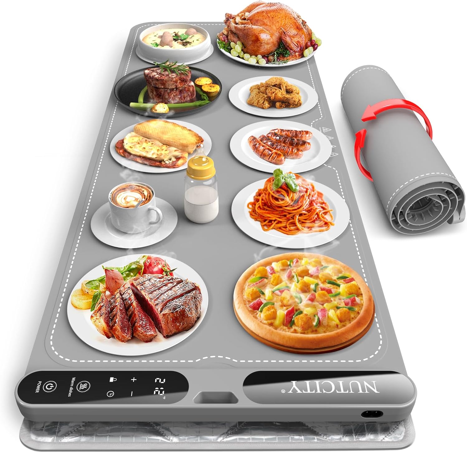 Extra large foldable silicone food warming mat in black, 40 x 15 inches, with temperature control display — view 1