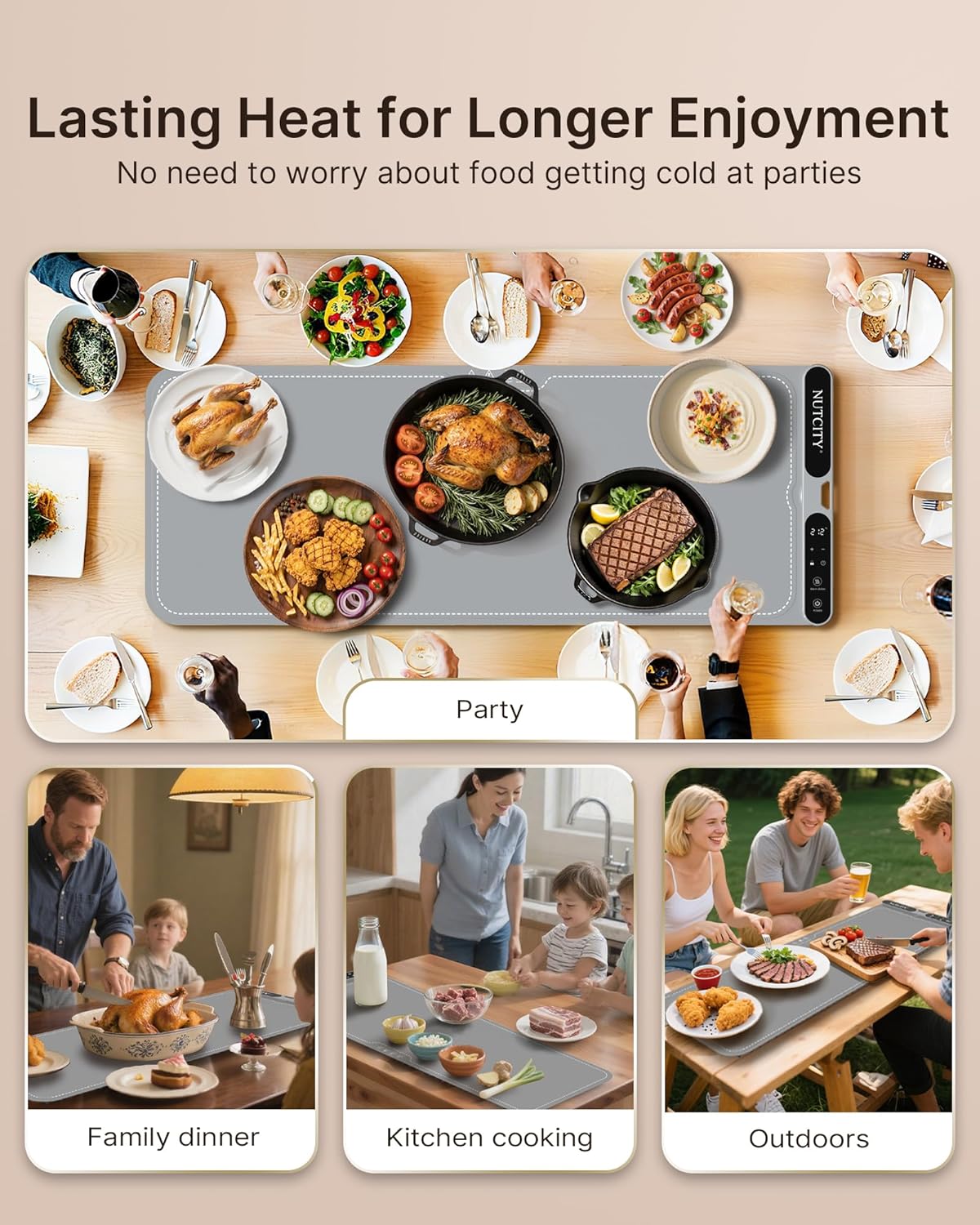 Extra large foldable silicone food warming mat in black, 40 x 15 inches, with temperature control display — view 5