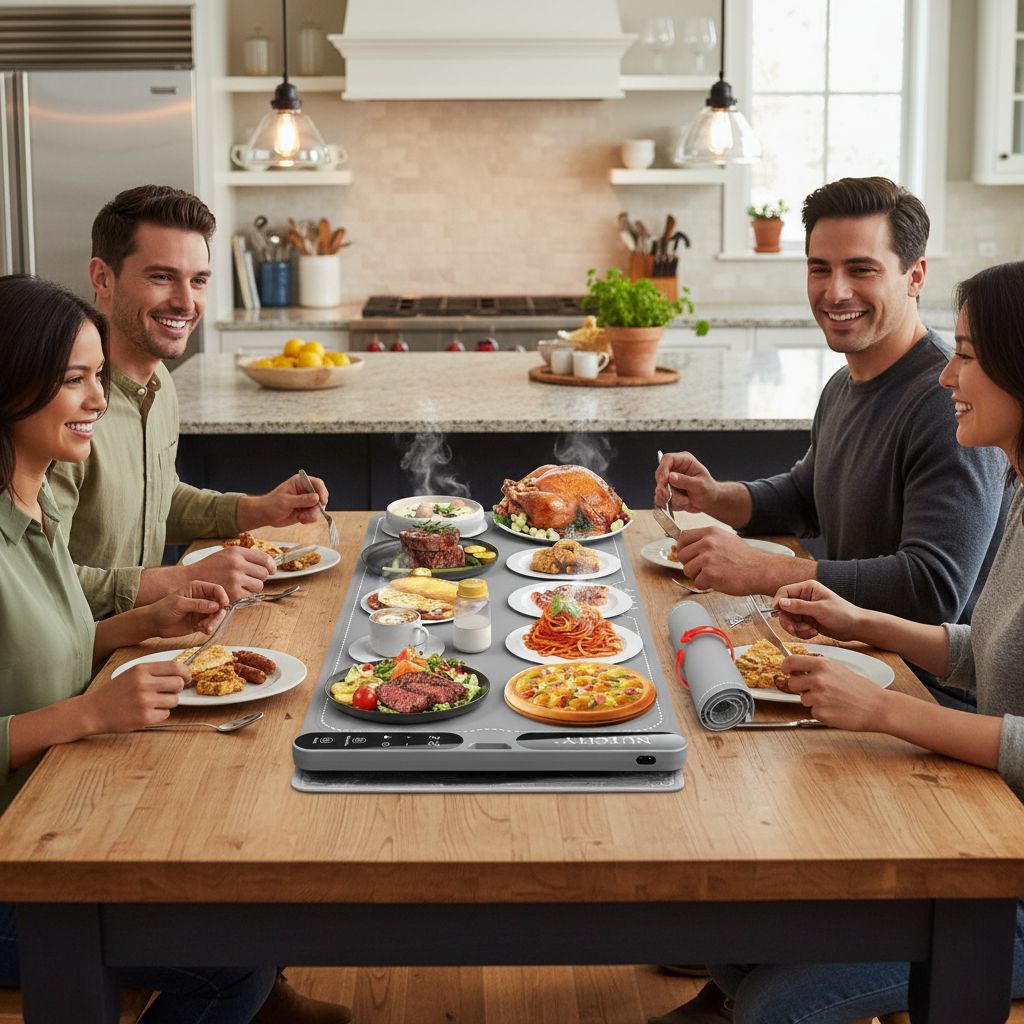 Extra large foldable silicone food warming mat in black, 40 x 15 inches, with temperature control display β view 3b
