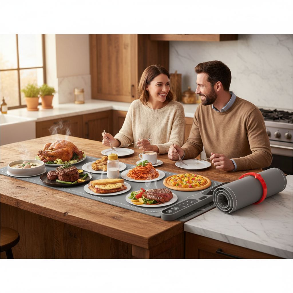 Extra large foldable silicone food warming mat in black, 40 x 15 inches, with temperature control display β view 5b