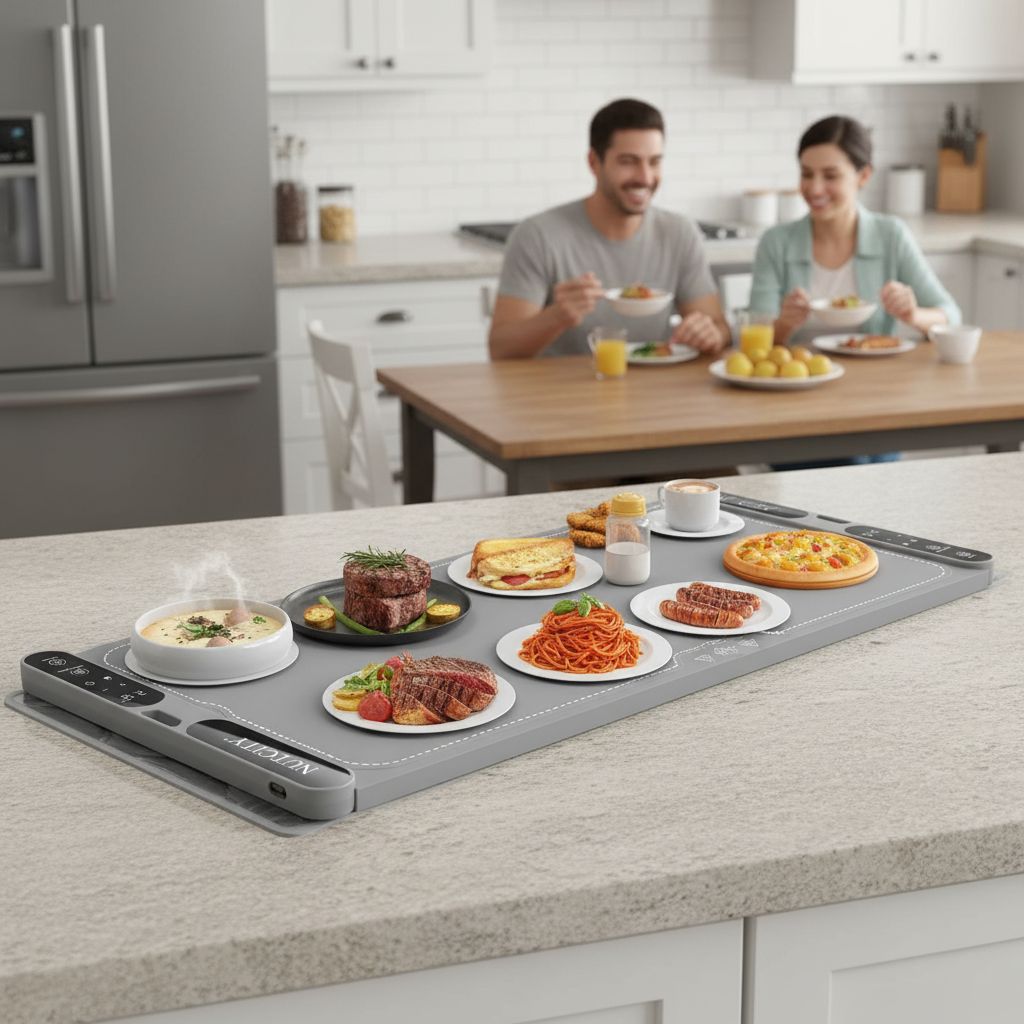 Extra large foldable silicone food warming mat in black, 40 x 15 inches, with temperature control display β view 5a