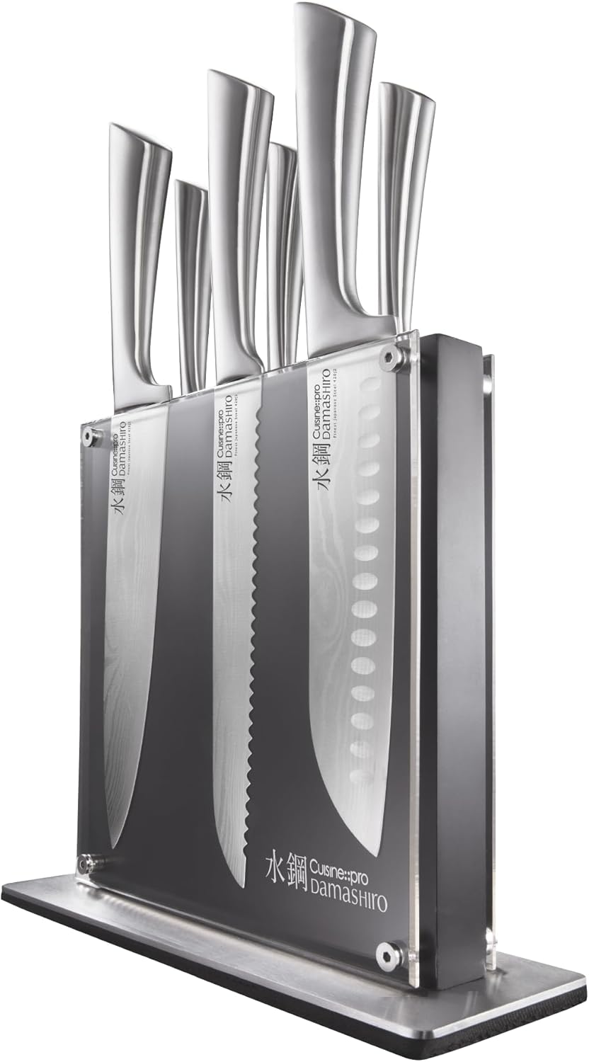 7-piece stainless steel chef knife set with magnetic wooden block, featuring Damascus-inspired blade design — view 1