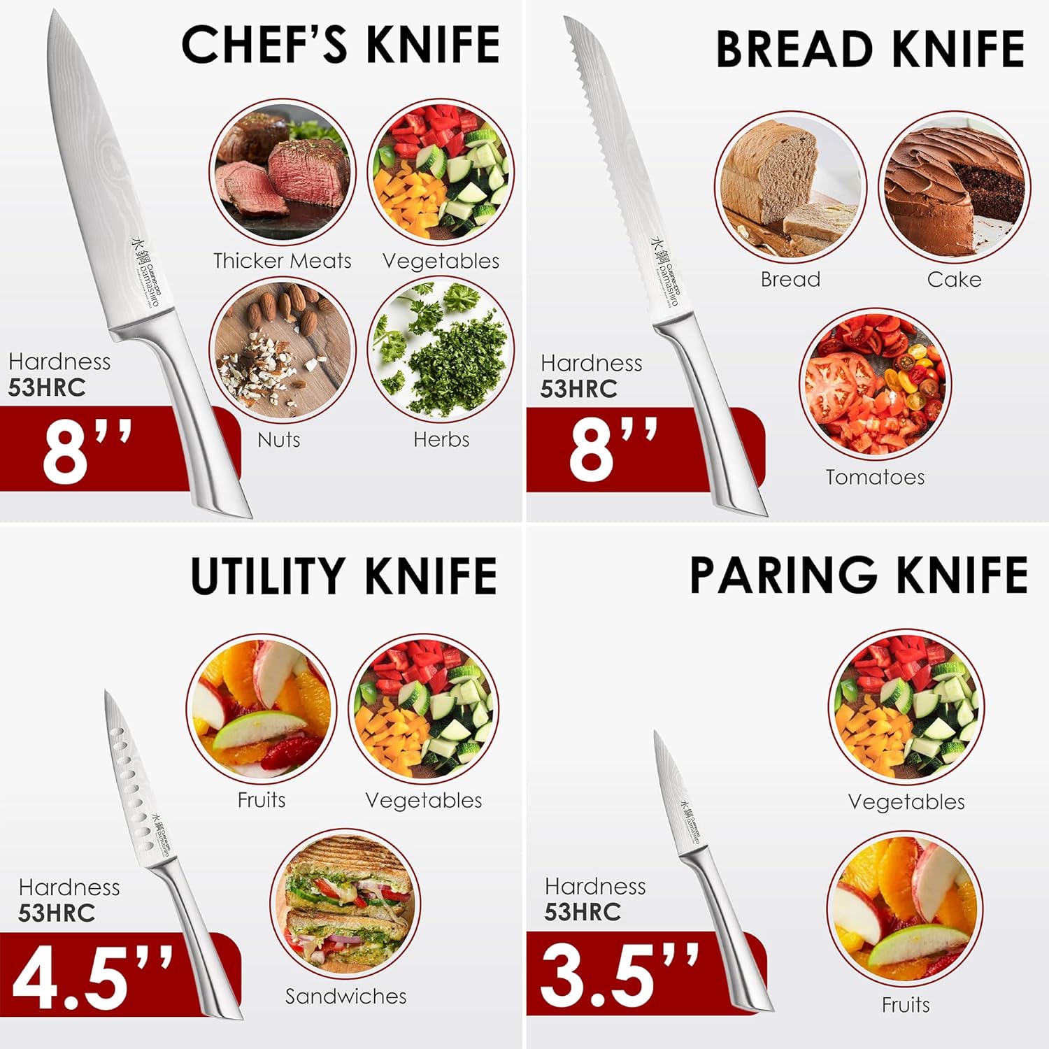 7-piece stainless steel chef knife set with magnetic wooden block, featuring Damascus-inspired blade design — view 3