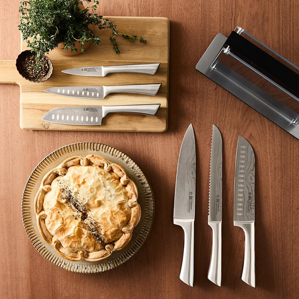 7-piece stainless steel chef knife set with magnetic wooden block, featuring Damascus-inspired blade design — view 2
