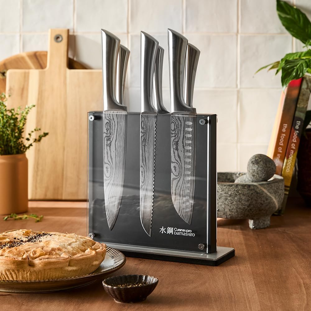 7-piece stainless steel chef knife set with magnetic wooden block, featuring Damascus-inspired blade design — view 3