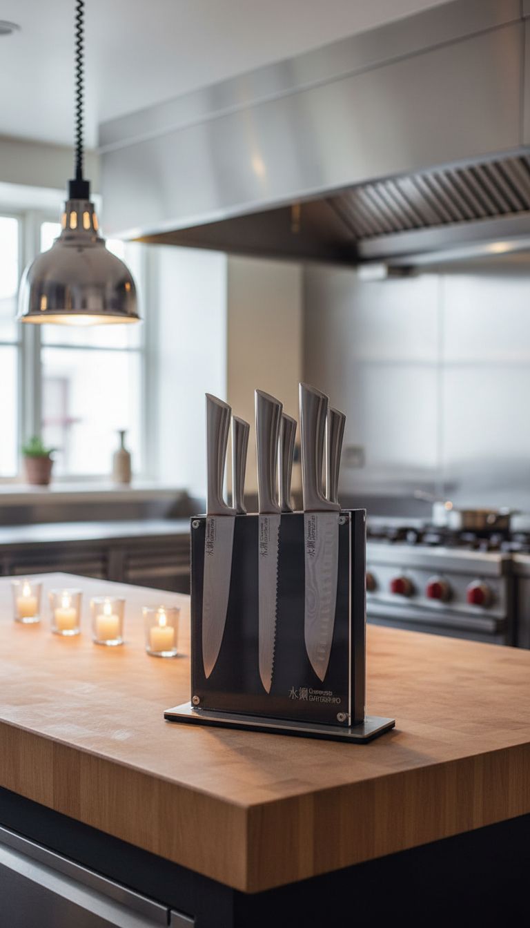 7-piece stainless steel chef knife set with magnetic wooden block, featuring Damascus-inspired blade design โ view 1