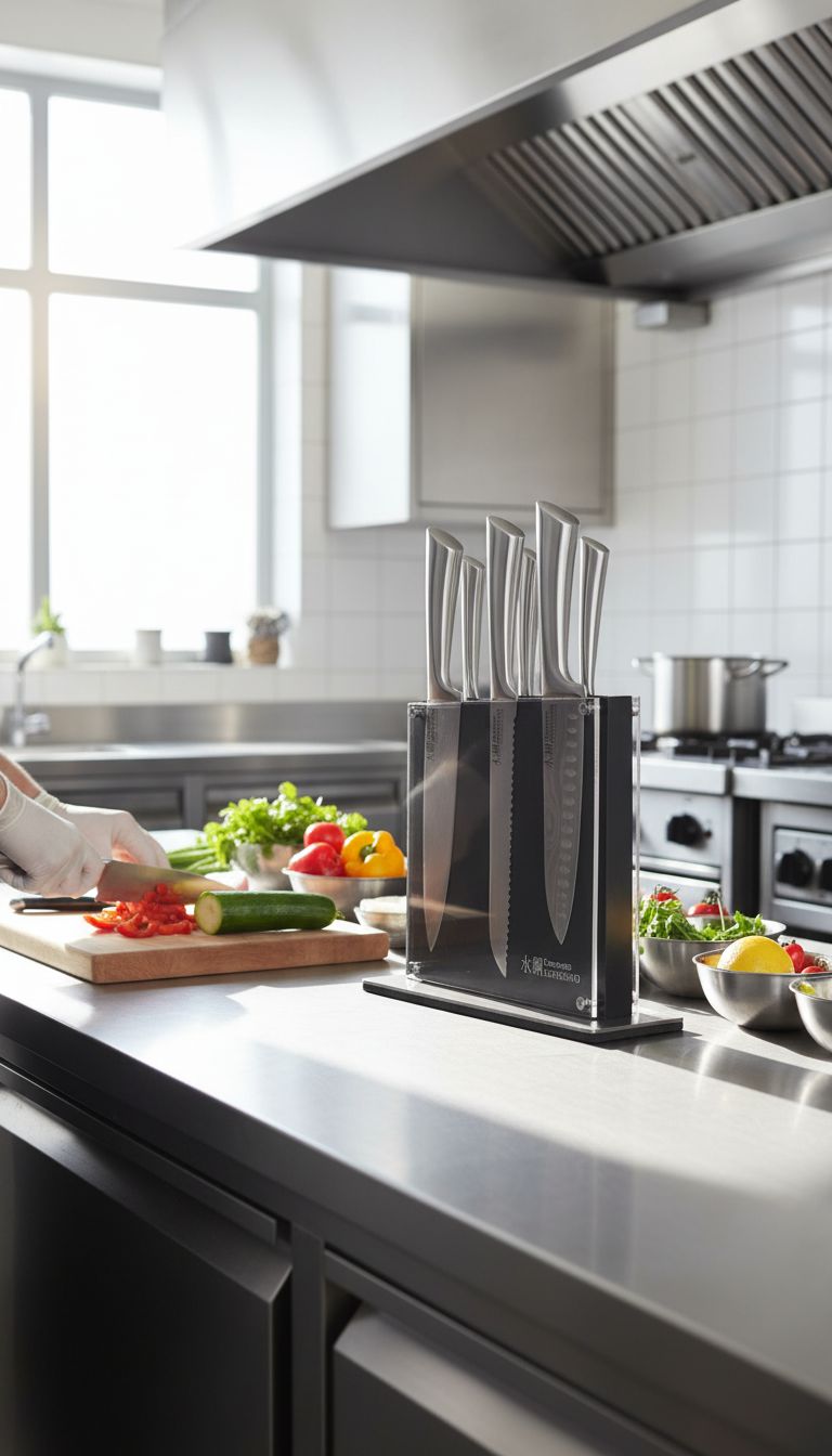 7-piece stainless steel chef knife set with magnetic wooden block, featuring Damascus-inspired blade design โ view 3b