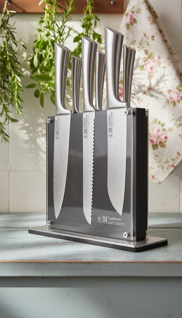 7-piece stainless steel chef knife set with magnetic wooden block, featuring Damascus-inspired blade design โ view 5b