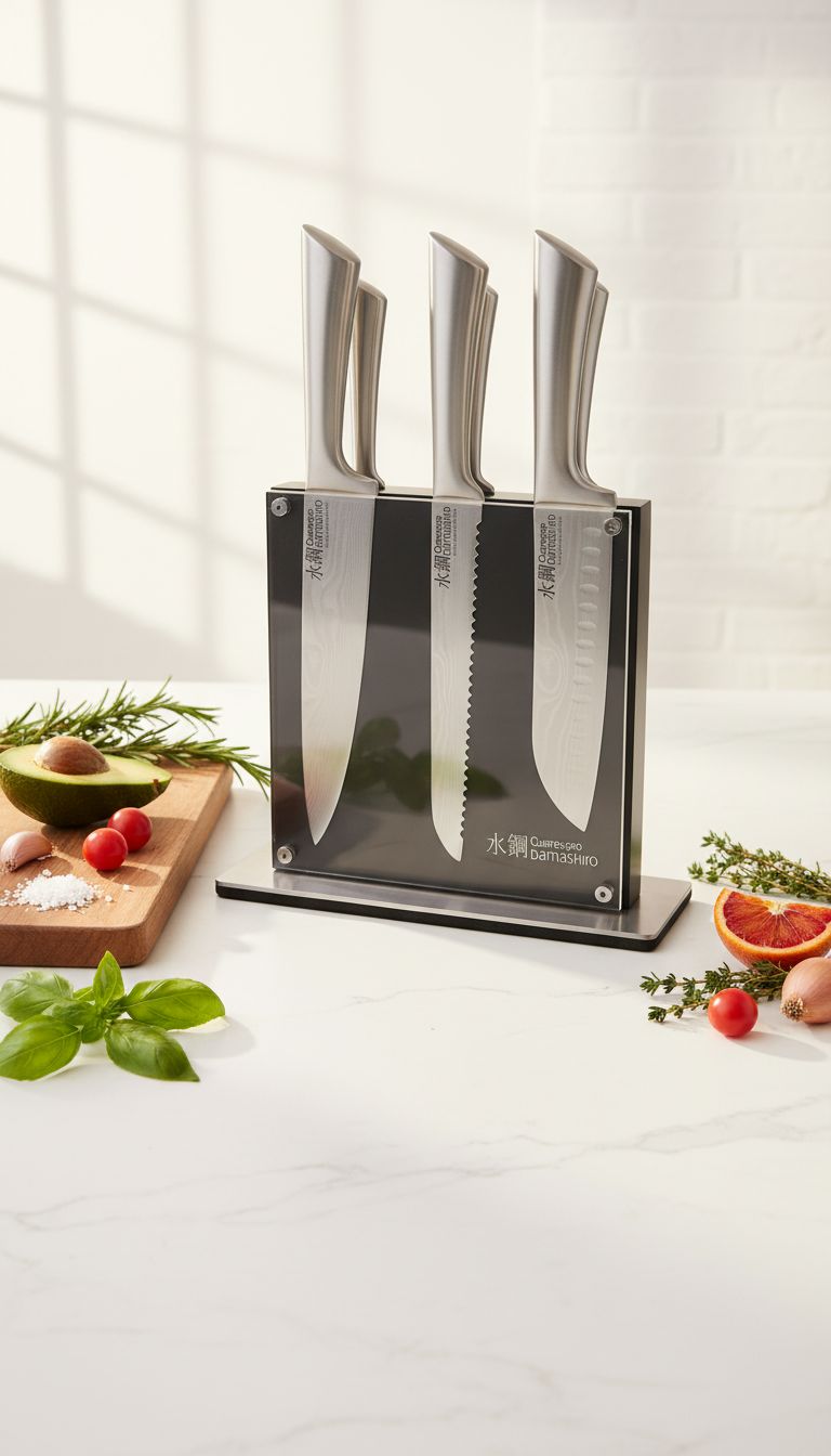 7-piece stainless steel chef knife set with magnetic wooden block, featuring Damascus-inspired blade design โ view 7b