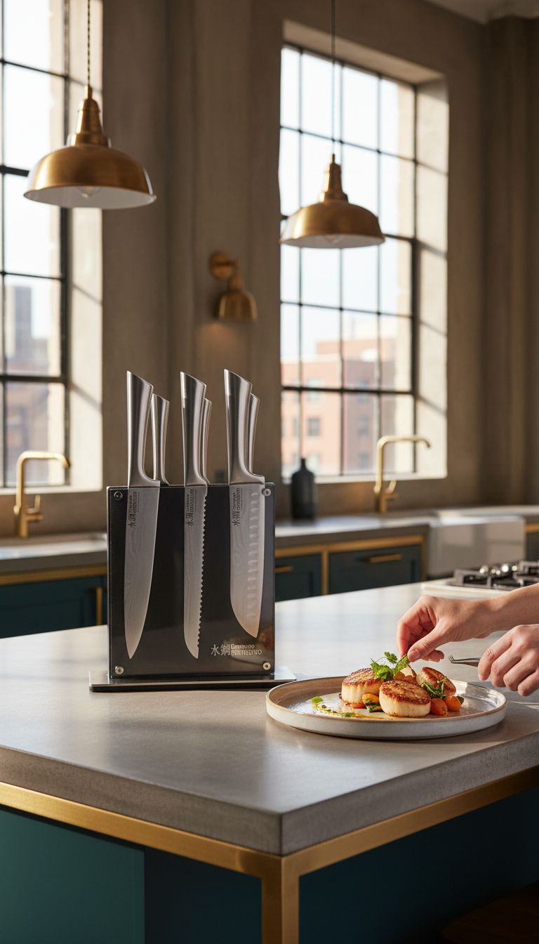 7-piece stainless steel chef knife set with magnetic wooden block, featuring Damascus-inspired blade design โ view 3a