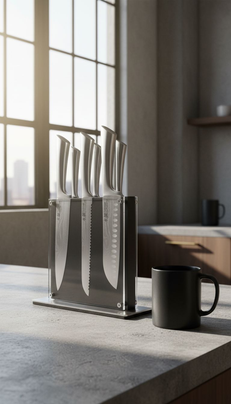7-piece stainless steel chef knife set with magnetic wooden block, featuring Damascus-inspired blade design โ view 4