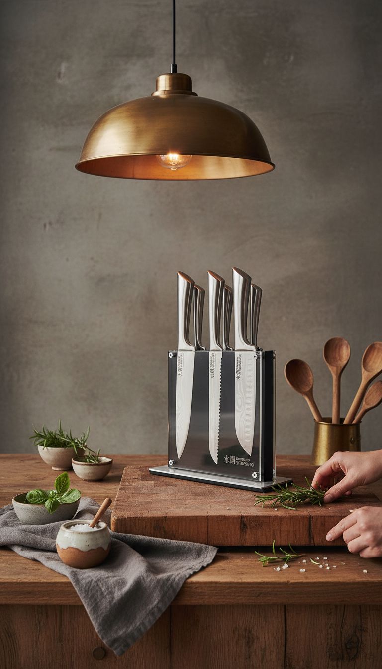 7-piece stainless steel chef knife set with magnetic wooden block, featuring Damascus-inspired blade design โ view 5a