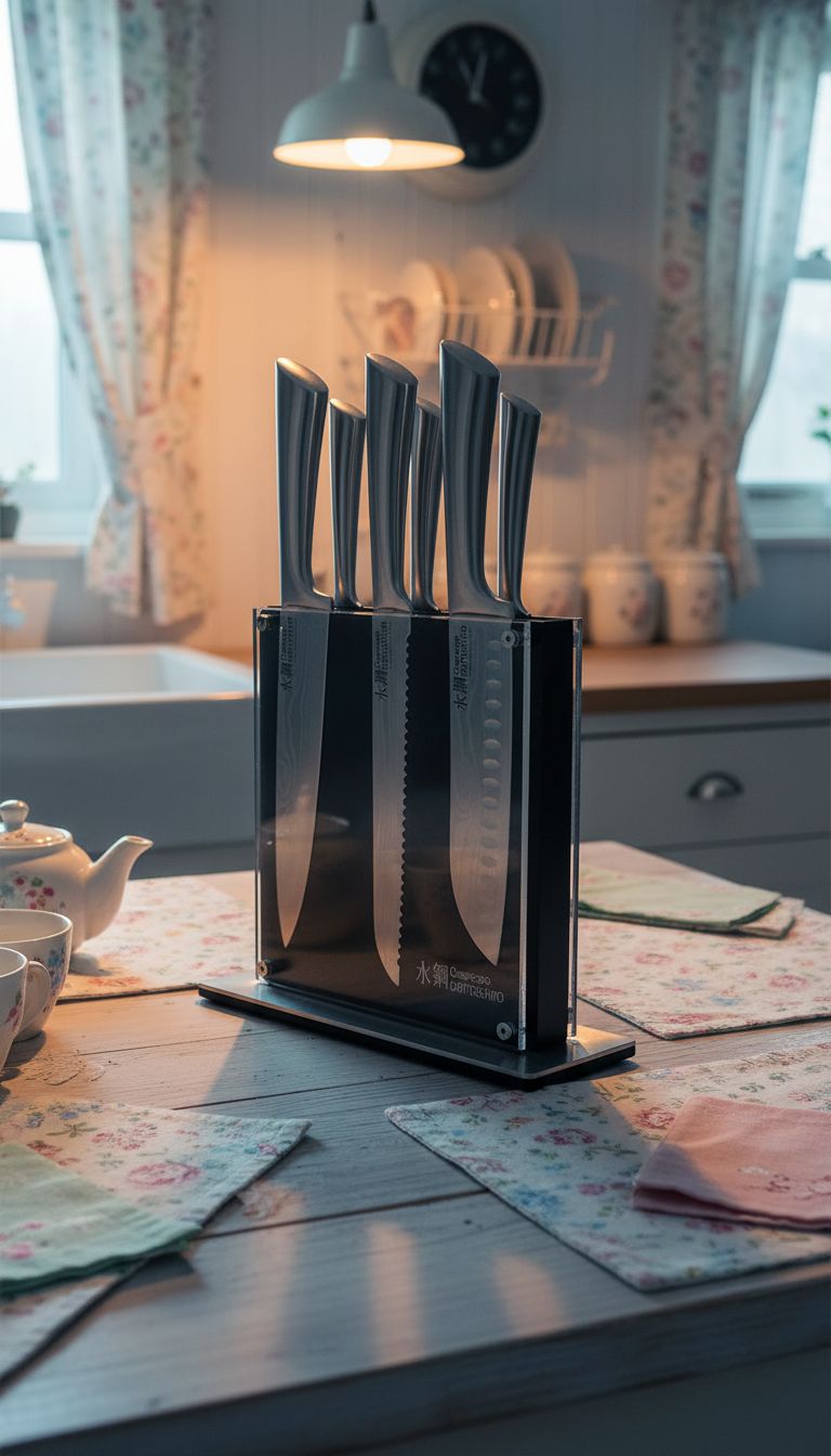 7-piece stainless steel chef knife set with magnetic wooden block, featuring Damascus-inspired blade design โ view 6