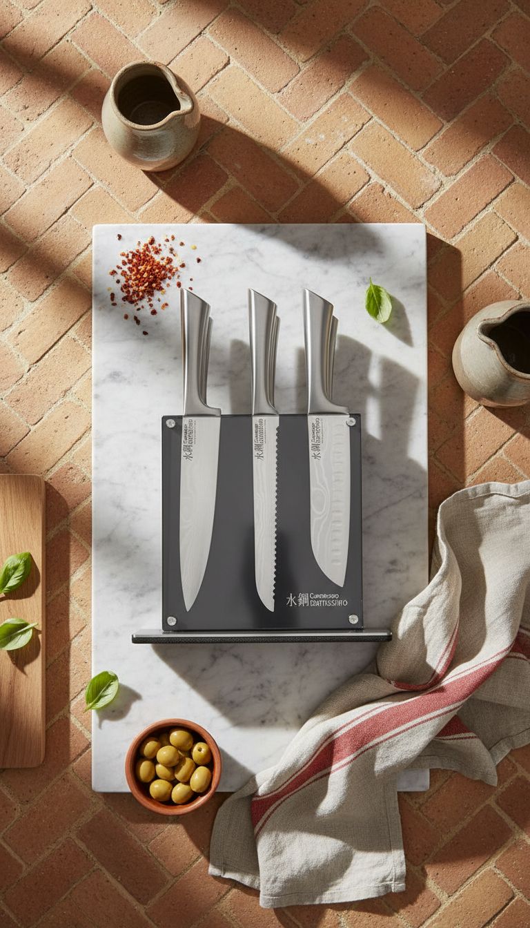 7-piece stainless steel chef knife set with magnetic wooden block, featuring Damascus-inspired blade design โ view 7a