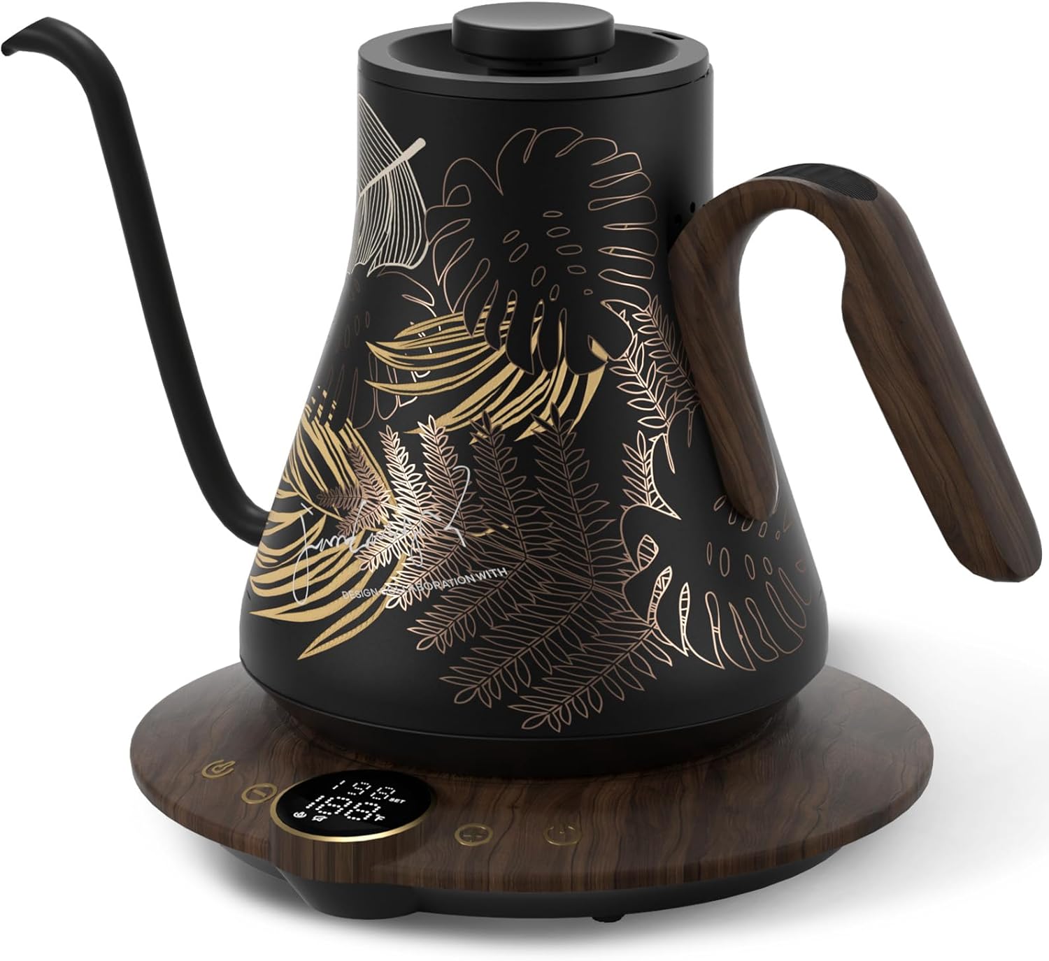 Rainforest green stainless steel gooseneck electric kettle with digital temperature display and ergonomic handle — view 1