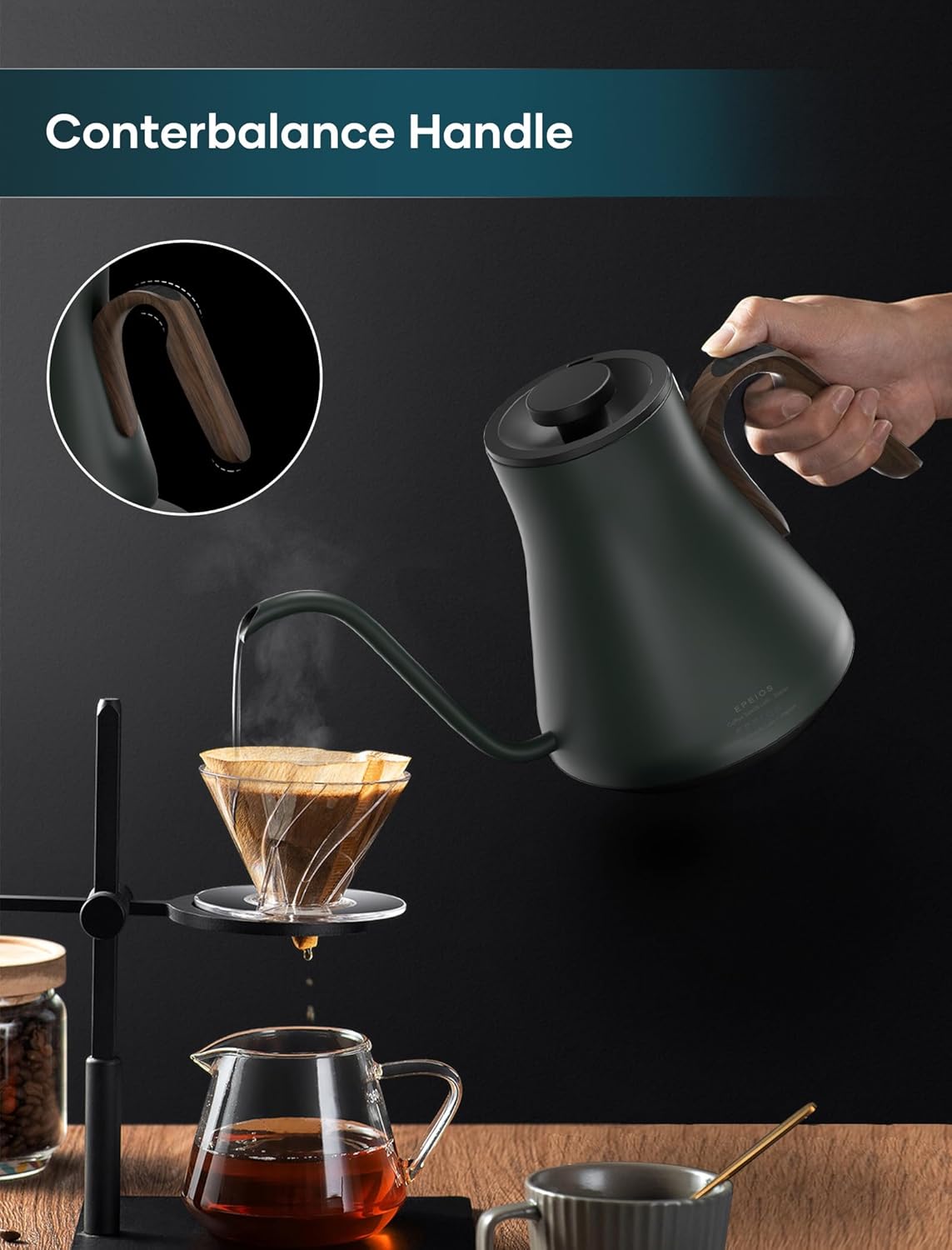 Rainforest green stainless steel gooseneck electric kettle with digital temperature display and ergonomic handle — view 2