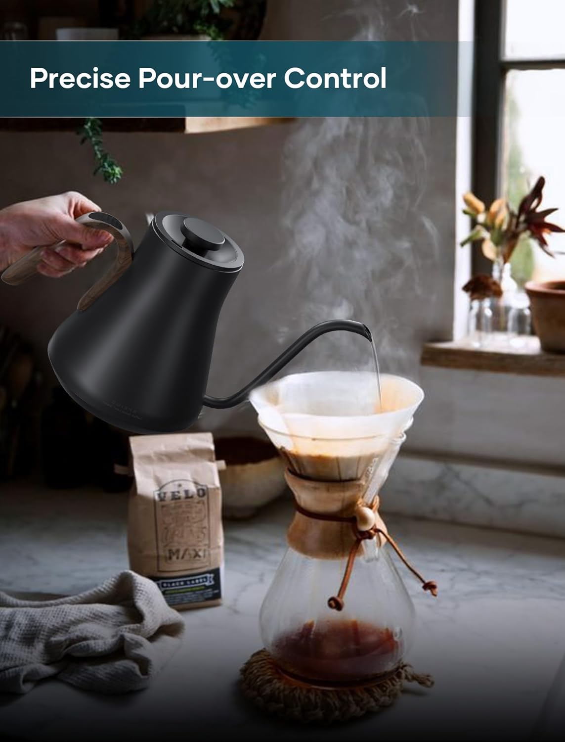 Rainforest green stainless steel gooseneck electric kettle with digital temperature display and ergonomic handle — view 4
