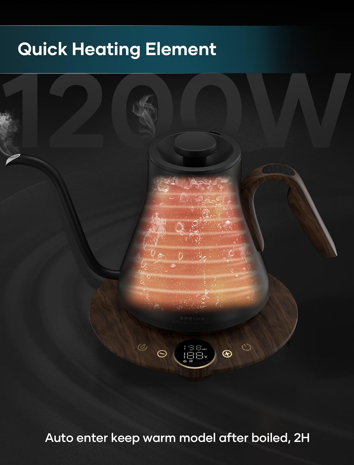 Rainforest green stainless steel gooseneck electric kettle with digital temperature display and ergonomic handle — view 2