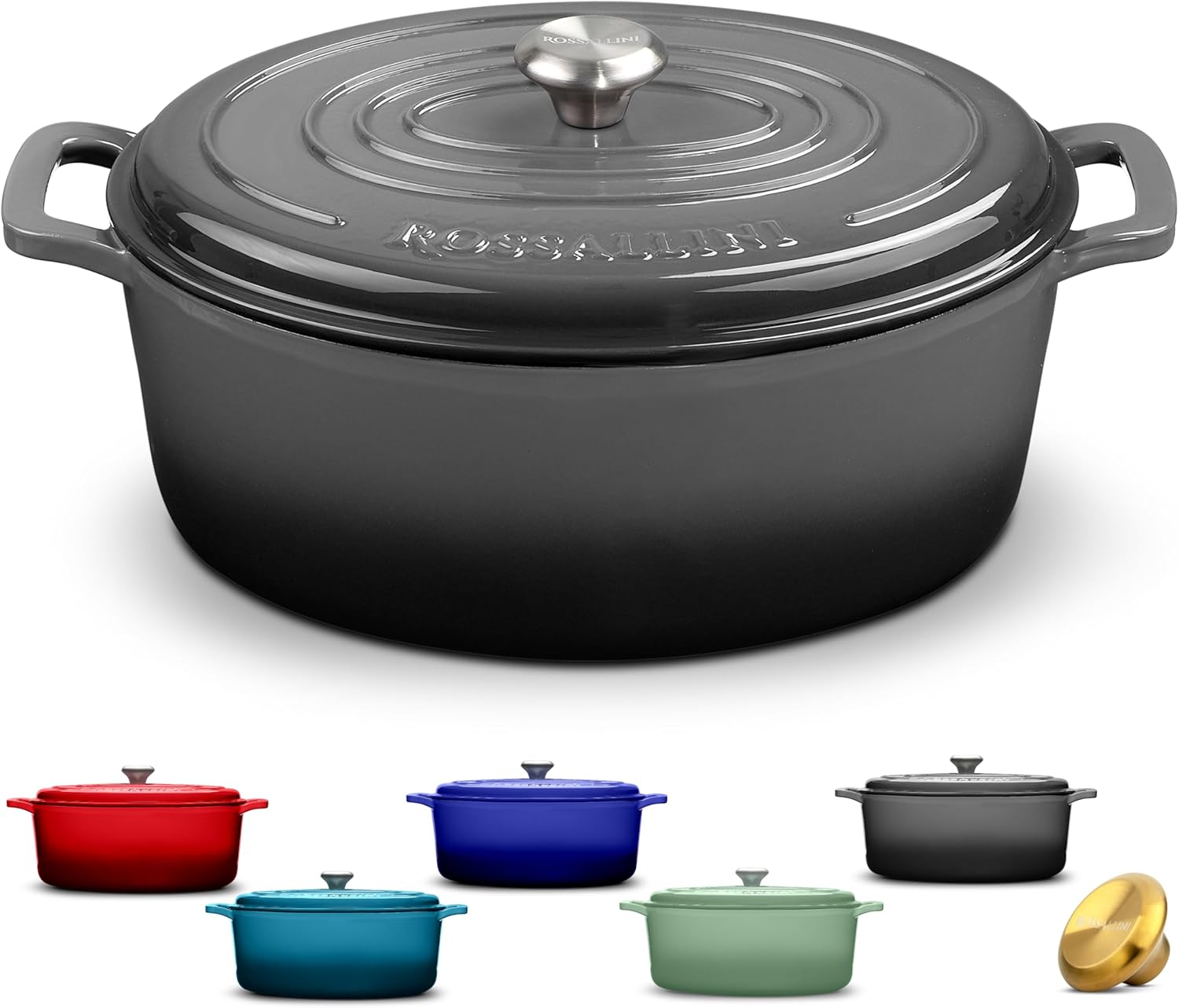 Oyster grey enameled cast iron oval Dutch oven with matching tight-fitting lid, 5-quart capacity — view 1