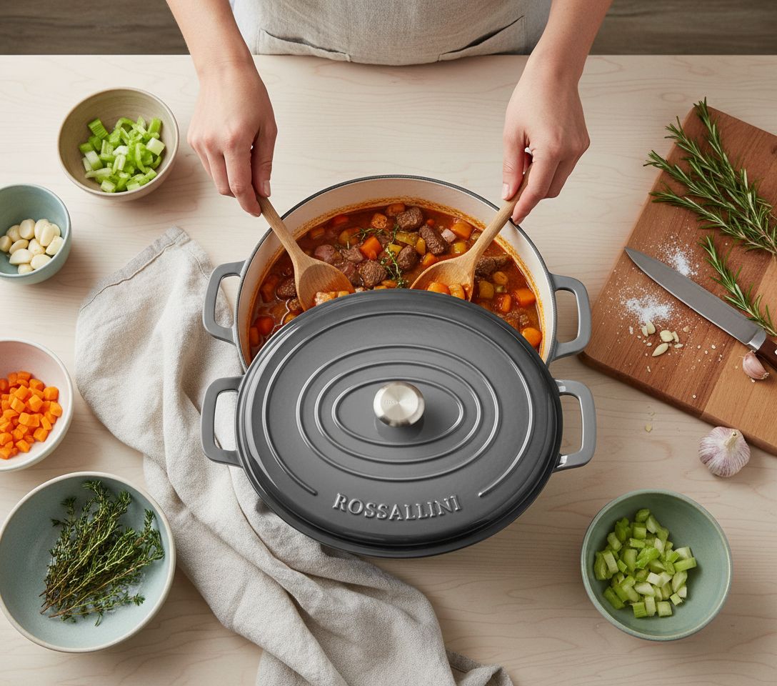 Oyster grey enameled cast iron oval Dutch oven with matching tight-fitting lid, 5-quart capacity — view 3b
