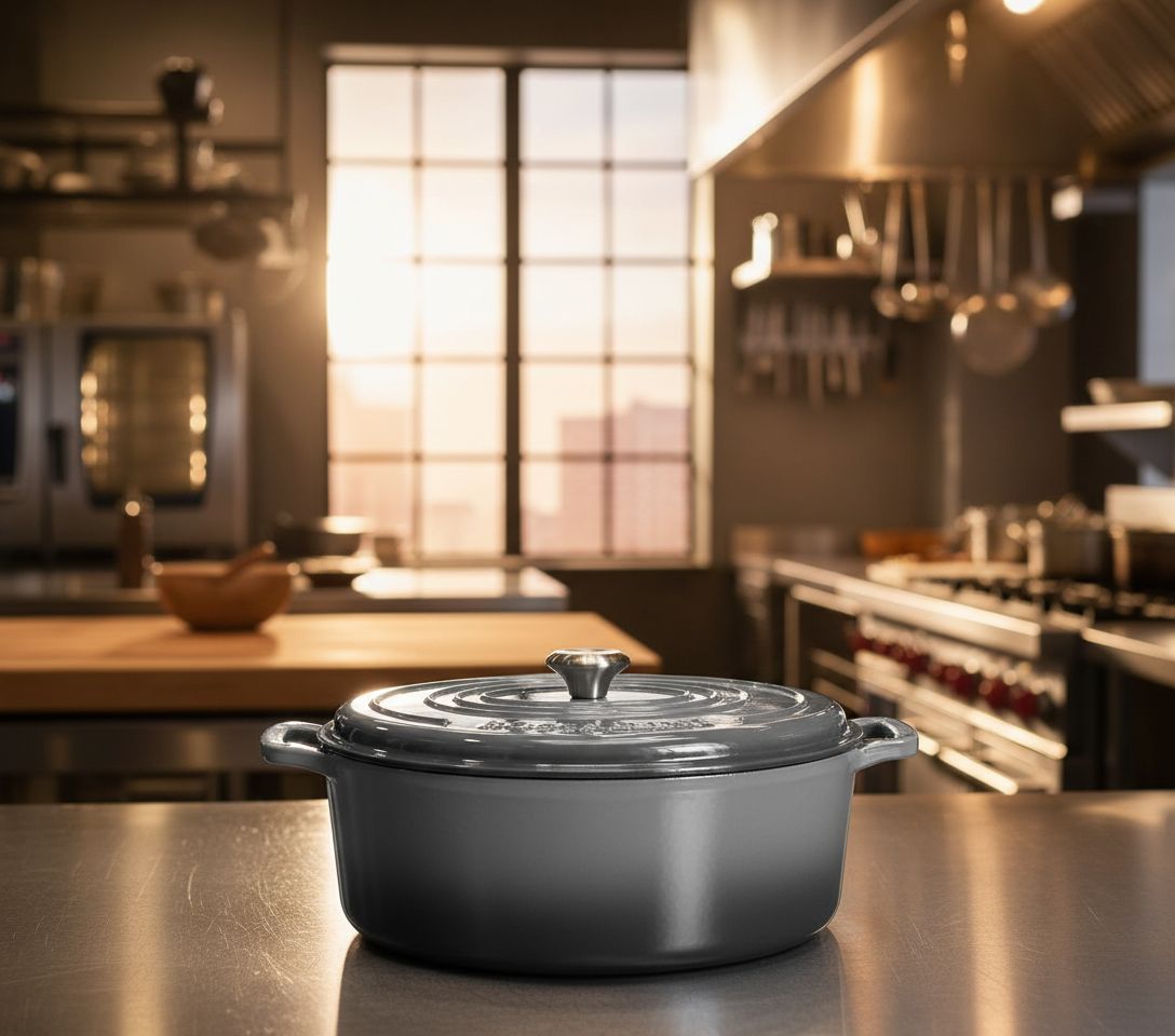 Oyster grey enameled cast iron oval Dutch oven with matching tight-fitting lid, 5-quart capacity — view 5b