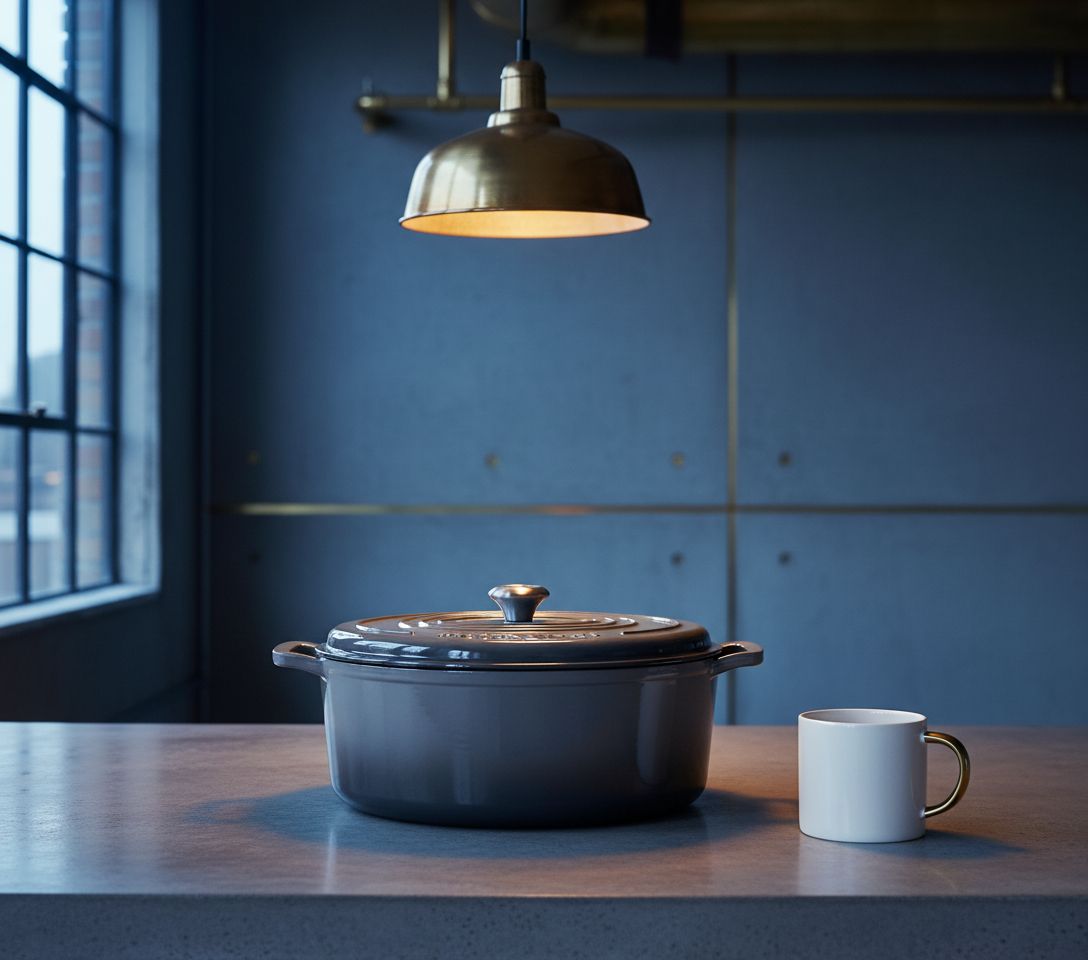 Oyster grey enameled cast iron oval Dutch oven with matching tight-fitting lid, 5-quart capacity — view 4