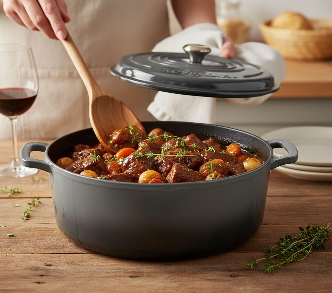 Oyster grey enameled cast iron oval Dutch oven with matching tight-fitting lid, 5-quart capacity — view 6
