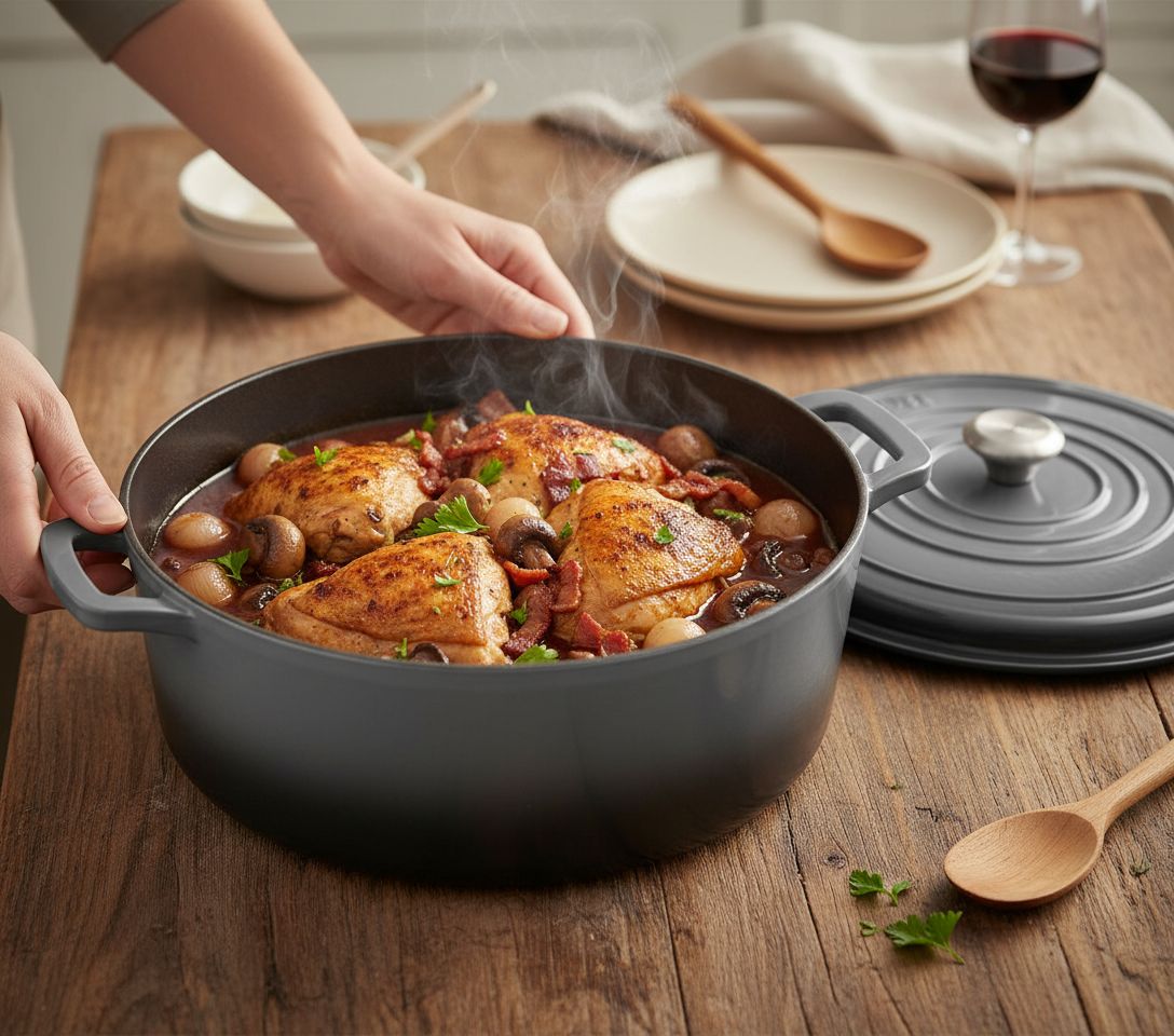 Oyster grey enameled cast iron oval Dutch oven with matching tight-fitting lid, 5-quart capacity — view 7a