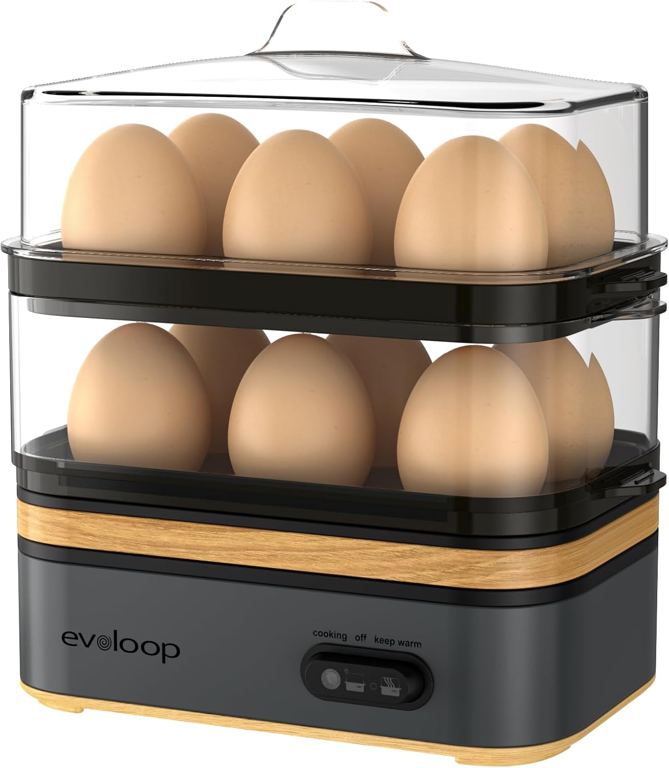 Grey plastic electric egg cooker with 12-egg capacity tray for boiling, poaching, and steaming vegetables — view 1