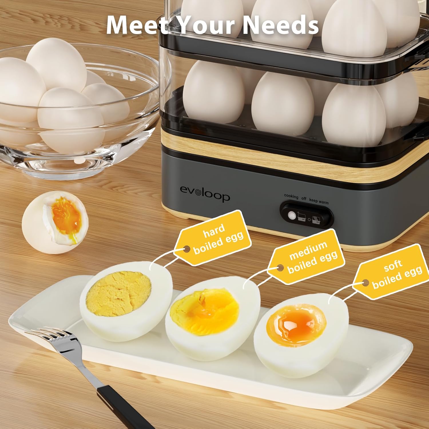 Grey plastic electric egg cooker with 12-egg capacity tray for boiling, poaching, and steaming vegetables — view 2