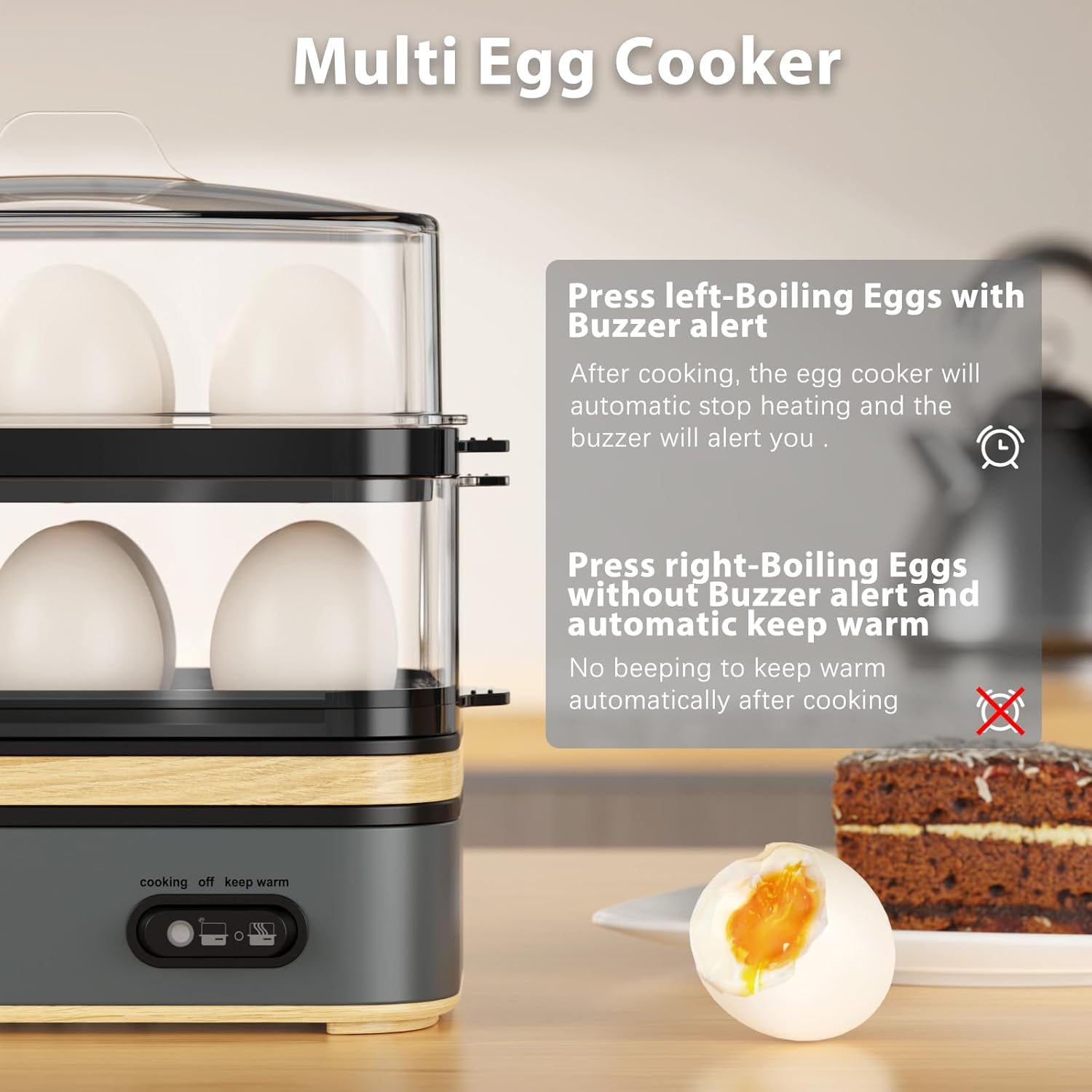 Grey plastic electric egg cooker with 12-egg capacity tray for boiling, poaching, and steaming vegetables — view 3