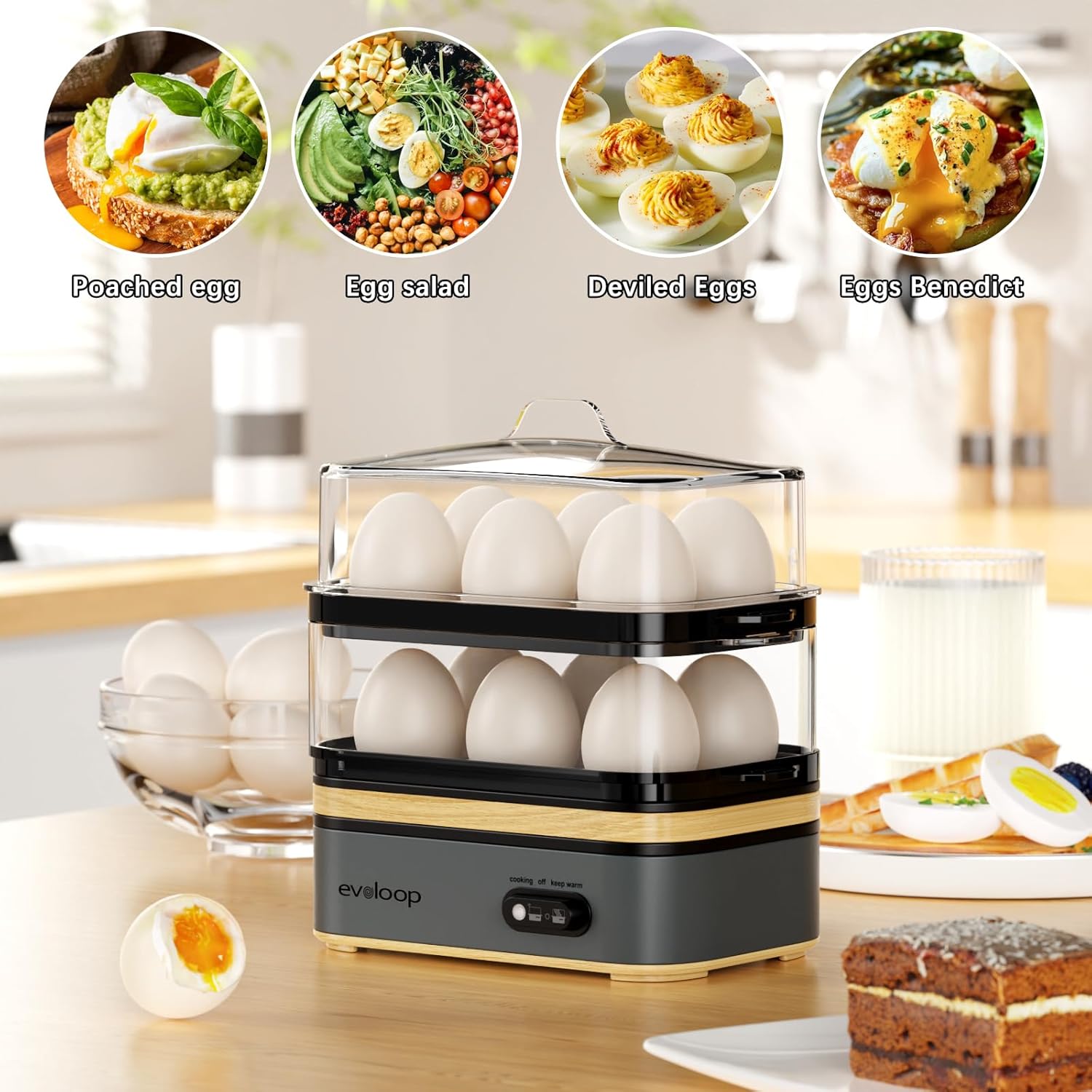Grey plastic electric egg cooker with 12-egg capacity tray for boiling, poaching, and steaming vegetables — view 2