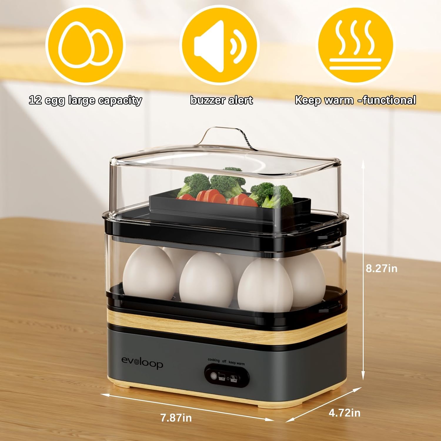 Grey plastic electric egg cooker with 12-egg capacity tray for boiling, poaching, and steaming vegetables — view 4
