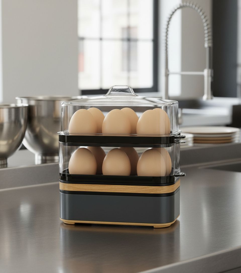 Grey plastic electric egg cooker with 12-egg capacity tray for boiling, poaching, and steaming vegetables — view 5b