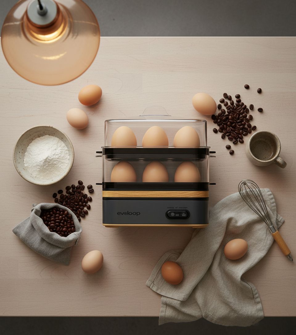 Grey plastic electric egg cooker with 12-egg capacity tray for boiling, poaching, and steaming vegetables — view 2