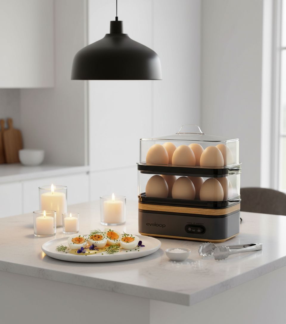 Grey plastic electric egg cooker with 12-egg capacity tray for boiling, poaching, and steaming vegetables — view 3a
