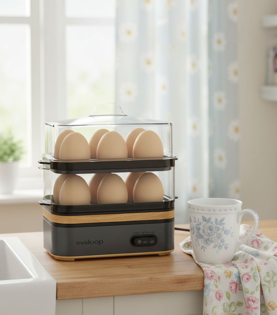 Grey plastic electric egg cooker with 12-egg capacity tray for boiling, poaching, and steaming vegetables — view 4