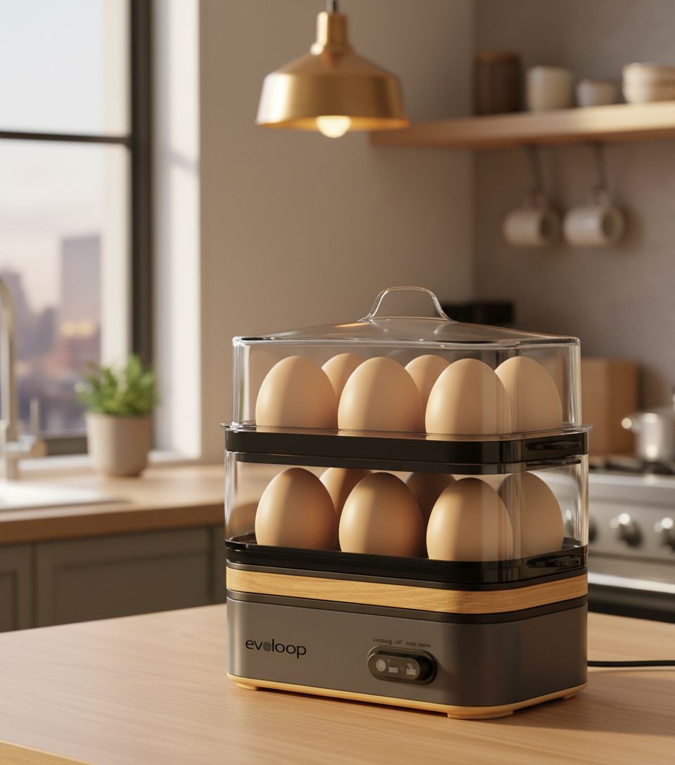 Grey plastic electric egg cooker with 12-egg capacity tray for boiling, poaching, and steaming vegetables — view 6