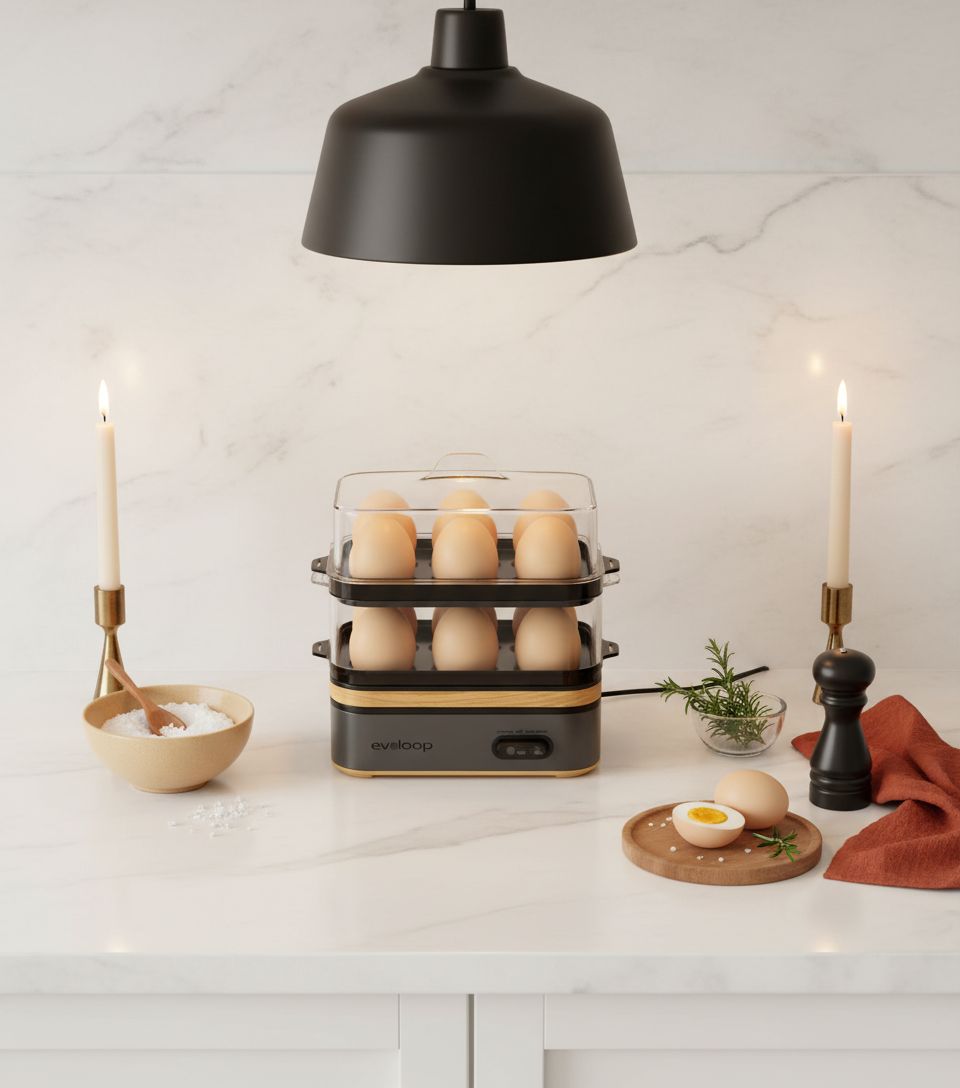 Grey plastic electric egg cooker with 12-egg capacity tray for boiling, poaching, and steaming vegetables — view 7a