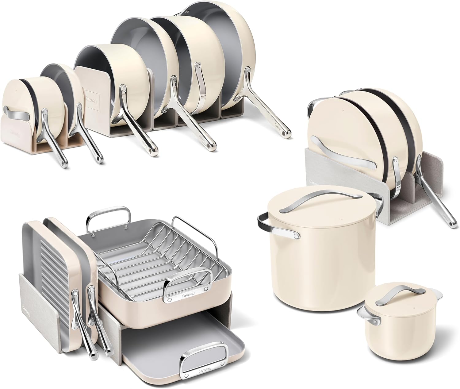 Caraway 31-piece ceramic nonstick cookware set in cream, including fry pans, saucepans, Dutch oven, and accessories — view 1
