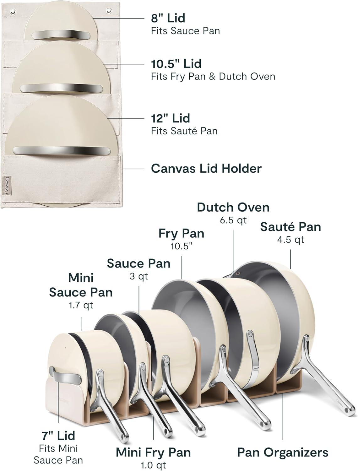 Caraway 31-piece ceramic nonstick cookware set in cream, including fry pans, saucepans, Dutch oven, and accessories — view 3