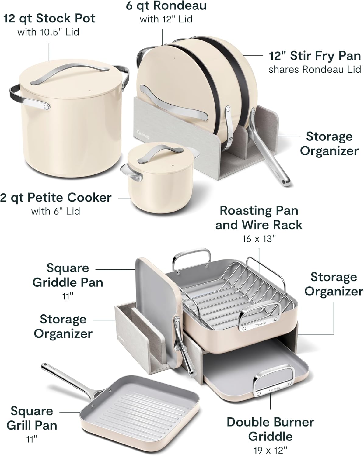 Caraway 31-piece ceramic nonstick cookware set in cream, including fry pans, saucepans, Dutch oven, and accessories — view 4