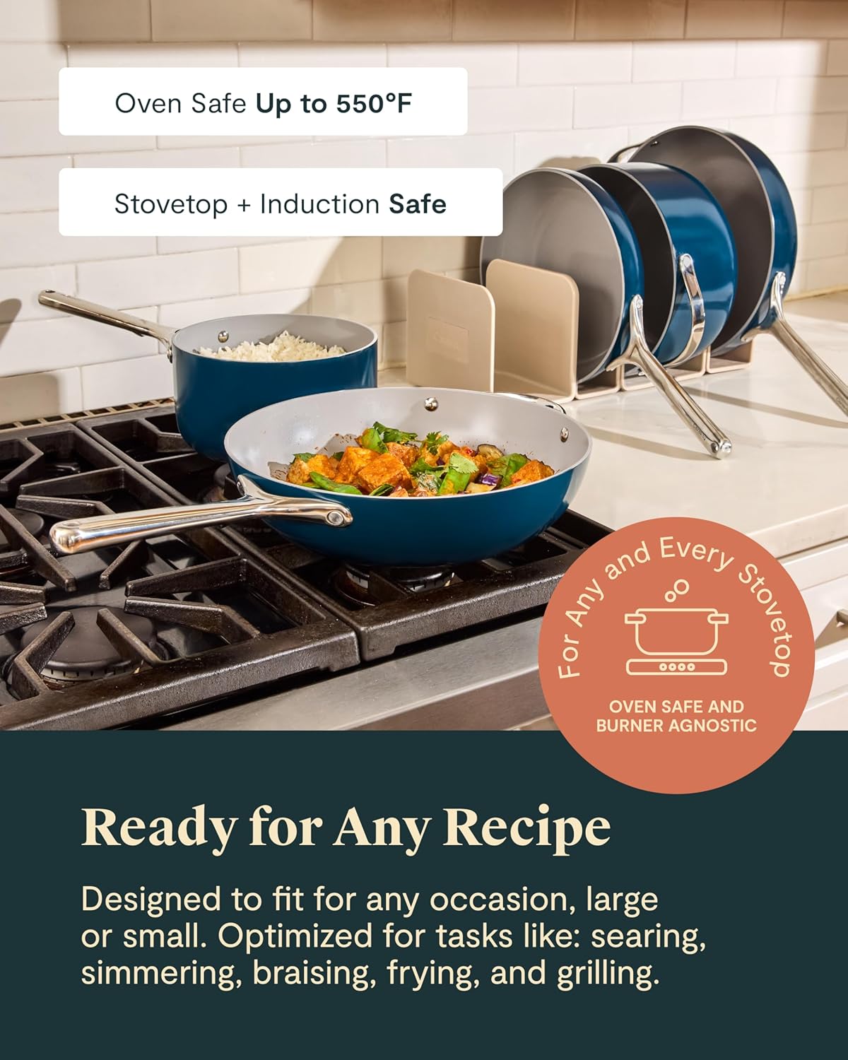 Caraway 31-piece ceramic nonstick cookware set in cream, including fry pans, saucepans, Dutch oven, and accessories — view 3