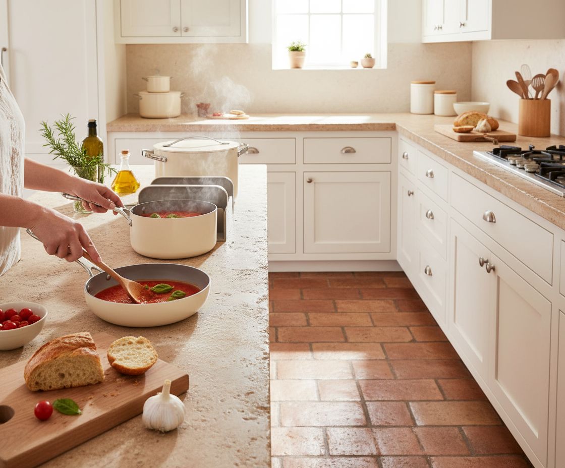 Caraway 31-piece ceramic nonstick cookware set in cream, including fry pans, saucepans, Dutch oven, and accessories — view 3b