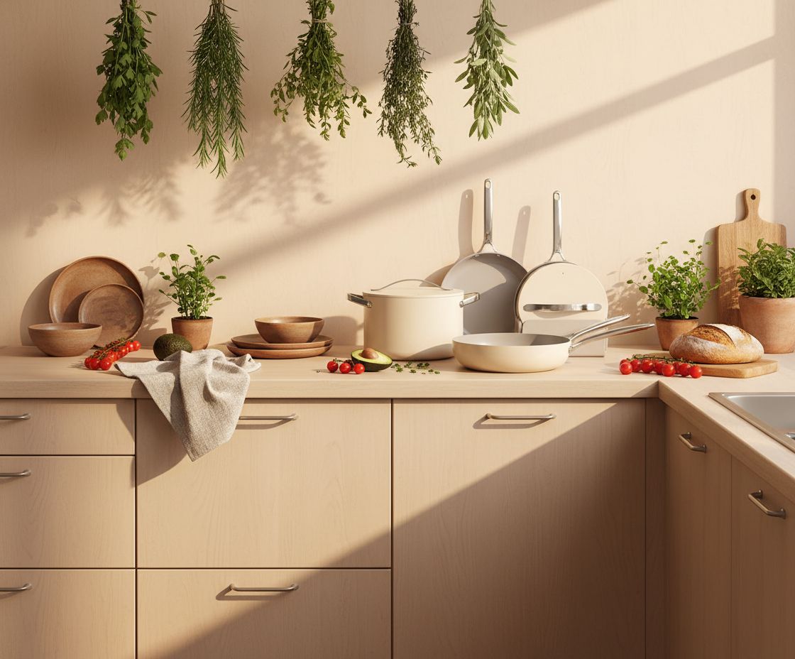 Caraway 31-piece ceramic nonstick cookware set in cream, including fry pans, saucepans, Dutch oven, and accessories — view 7b