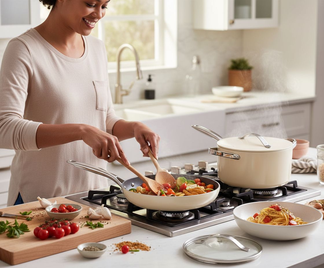 Caraway 31-piece ceramic nonstick cookware set in cream, including fry pans, saucepans, Dutch oven, and accessories — view 2